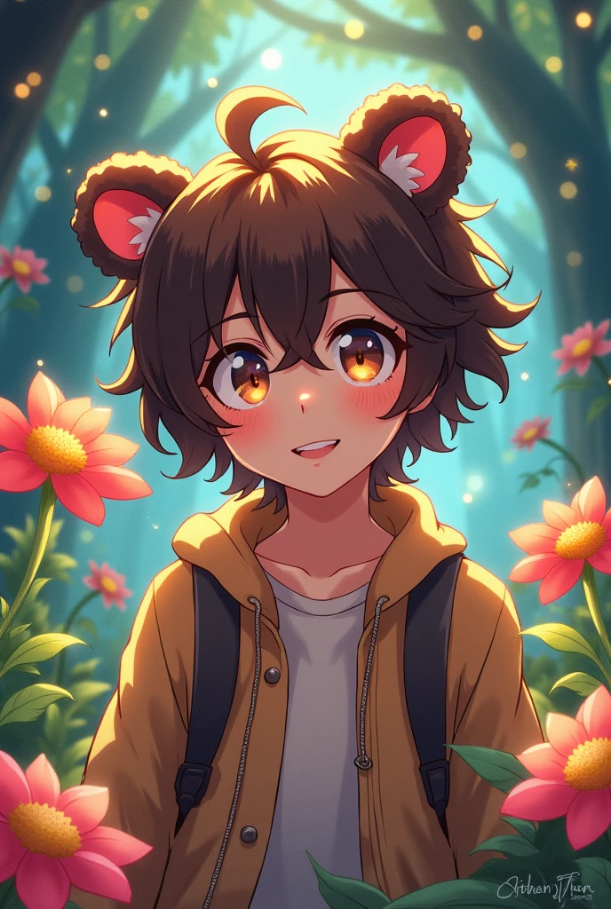 Create an anime drawing of a man with curly hair and bear ears 