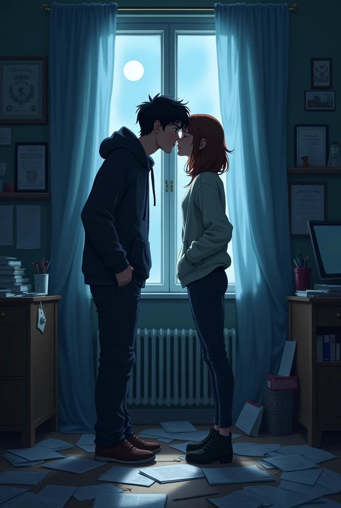 anime characters,lovers,kiss,First Time,shy,Writer and assistant,Lazy,Dimly Lit Room,Scattered manuscripts and pens on the floor,Decadent,clutter,Guy wearing a hooded jacket,Girl wearing casual clothes,Male writer,Female assistant,Male Working Professional and Female College Student,Animation style