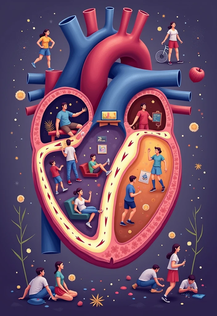 I want an illustration of a heart seen from the inside, in a coronal section, as the reference image, but inside in the cavities (Auricle and ventricle) de la right personas haciendo actividades físicas y en las cavidades (auricle and ventricle) On the left, people who don't exercise and the heart on that side (left) It's in bad condition, unlike the other side (right) which is beautiful and in good condition.