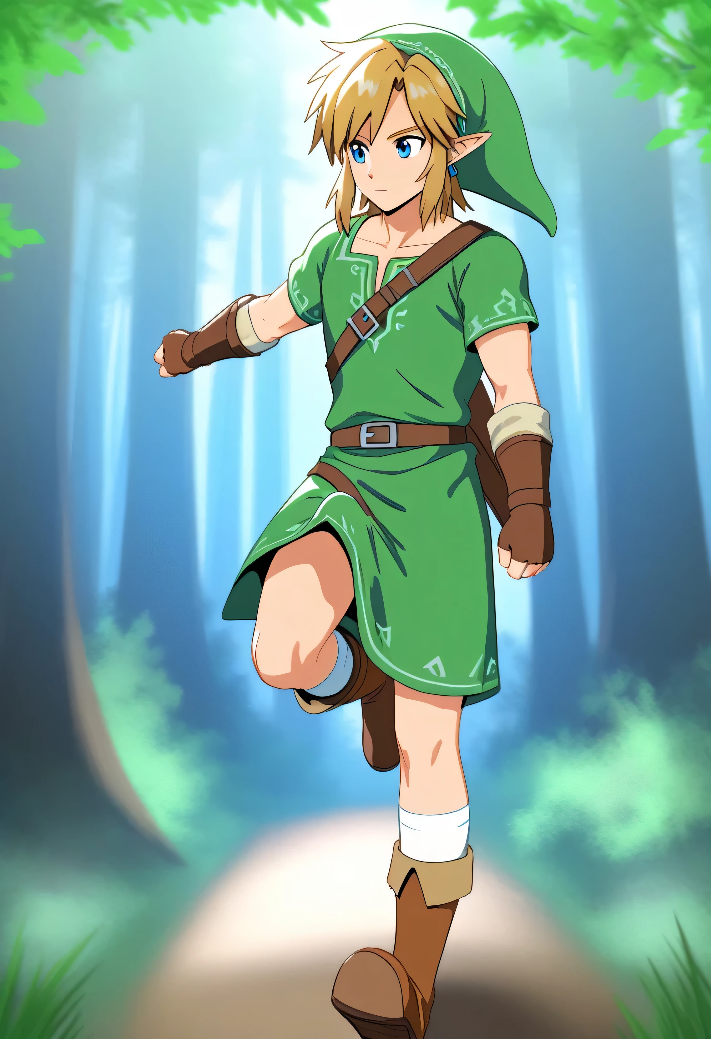 (Masterpiece), (Best Quality), ((Highly Detailed)), Link from botw, male, boy, medium hair, blond hair, blue eyes, blue earrings, full body, horny, big bulge in the crotch, upper body free, Running through a forest, stiff penis, 4k, 8k, anime style