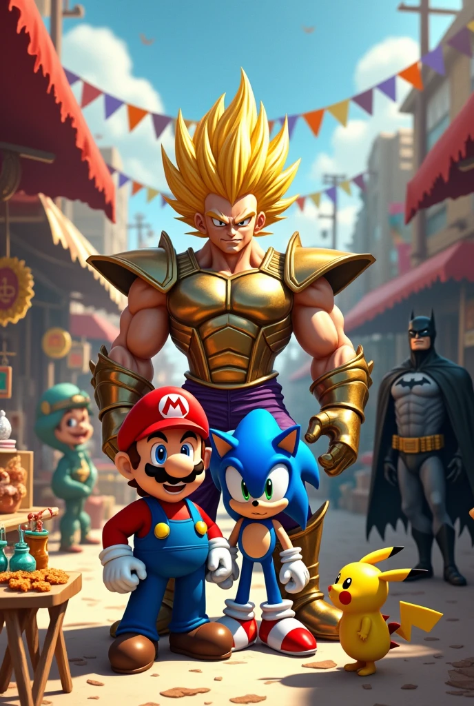 Super Mario, ein super Sajajin, Sonic , Hulk Pikachu, Batman at the flea market