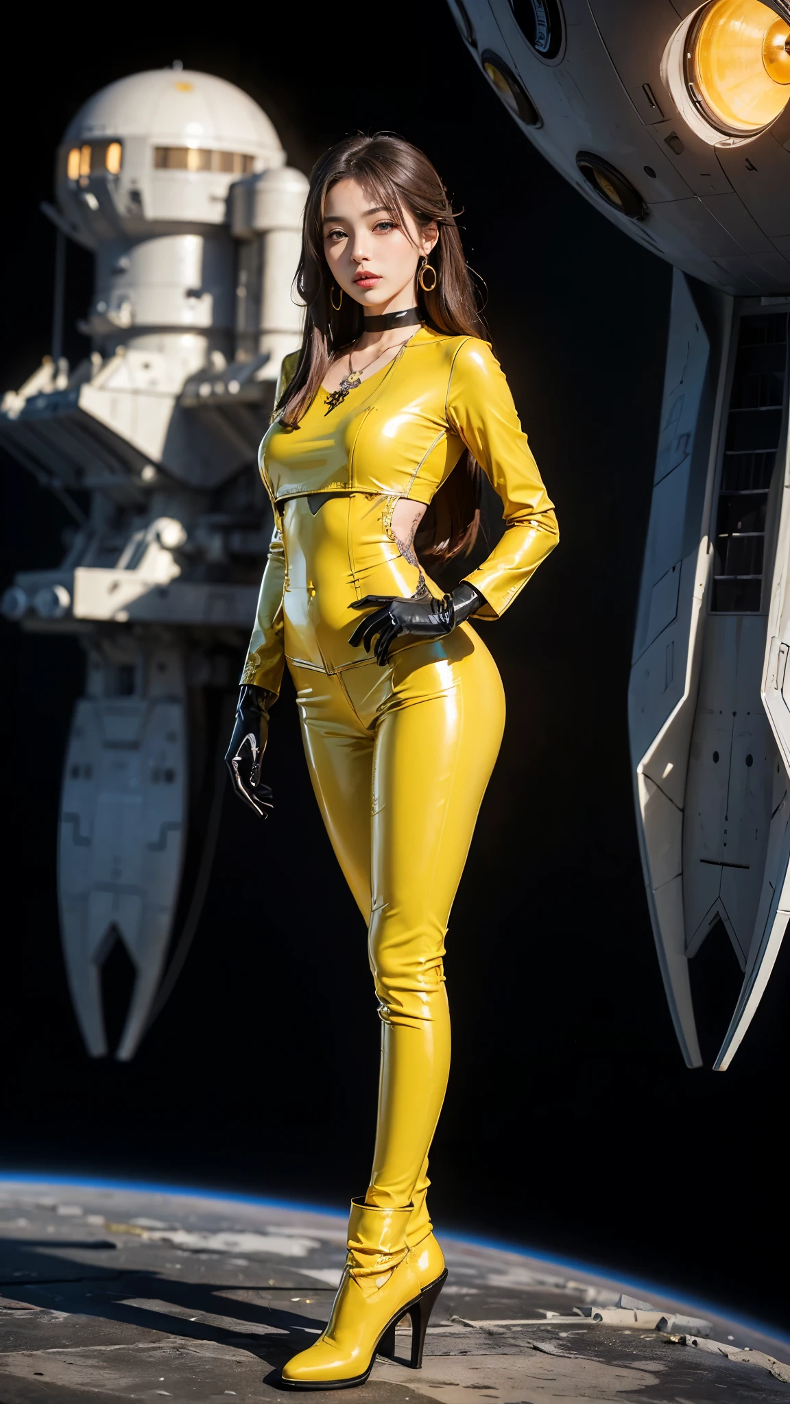 ((masterpiece:1.4)、(Highest quality:1.4)、(Realistic:1.7))、Masterpiece:1.4、(Top-notch rendering:1.4)、(Kaoru, the beautiful navigator of the Space Battleship Fuji:1.4)、Super Beauty航海士Kaoru、(By Luis Royo:1.4)、(A uniform that accentuates your beautiful figure:1.2)、(Futuristic sci-fi battle fashion:1.2)、(Street Style Wear)、(Tight Fit Pants)、(Shiny luxury latex:1.4)、(Luxury yellow latex:1.4)、19 years old、(Cute Tattoos:1.4)、(Wearing yellow gloves)、Cute Girl、Super Beauty、(Seductive pose)、Sharp Focus、Portrait Photography:1.4、8k、Photorealistic images:1.4、(Perfect female body:1.4)、Perfect proportions、(Standing:1.4)、(Full body photography:1.4)、Beautiful Face、Fearless look、Beautiful Eyes、(Beautiful limbs with a slender, toned stomach emphasized)、(Narrow waist:1.4)、(Beautiful style with 9 proportions:1.4)、(A beautiful girl with long legs and a good figure:1.4)、Beautiful feet:1.4、(Long Hair:1.2)、Heavy makeup、Eyeshadow、Glow Eye、Glow Lip、Beautiful breasts、Large Breasts:1.2、sexy ass、(Standing facing forward:1.4)、Raw photo、Red lips、Yellow high heels:1.4、choker:1.4、necklace:1.4、Earrings:1.4、1 Screen Display:1.4、Space Battleship Fuji's bridge:1.2