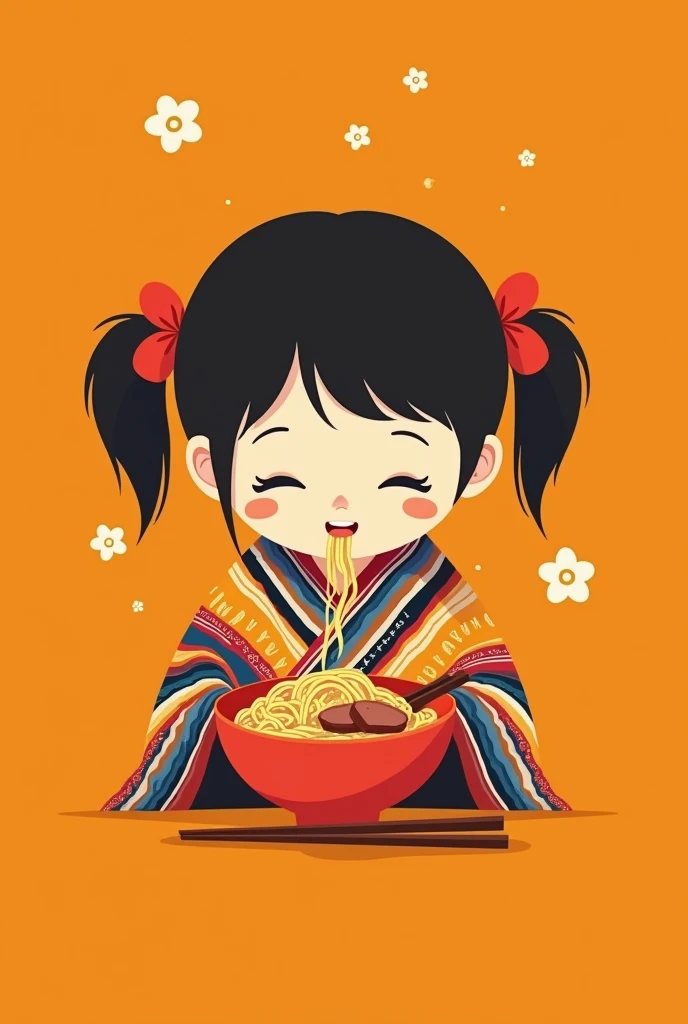 minimalist logo, as a little Japanese girl, wearing a Mexican serape, closed eyes, happy, Eating noodles with bits of meat, on an orange background.