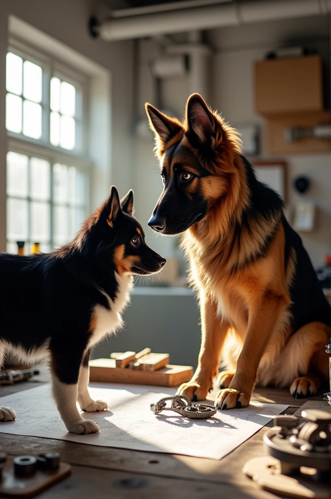Experienced adult engineering dog together with a baby border collie engineering dog