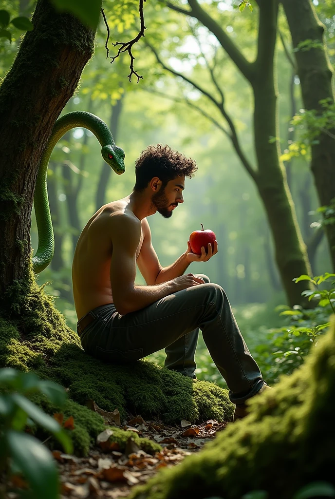 A man eating an apple surrounded by many trees and a snake tempting him.