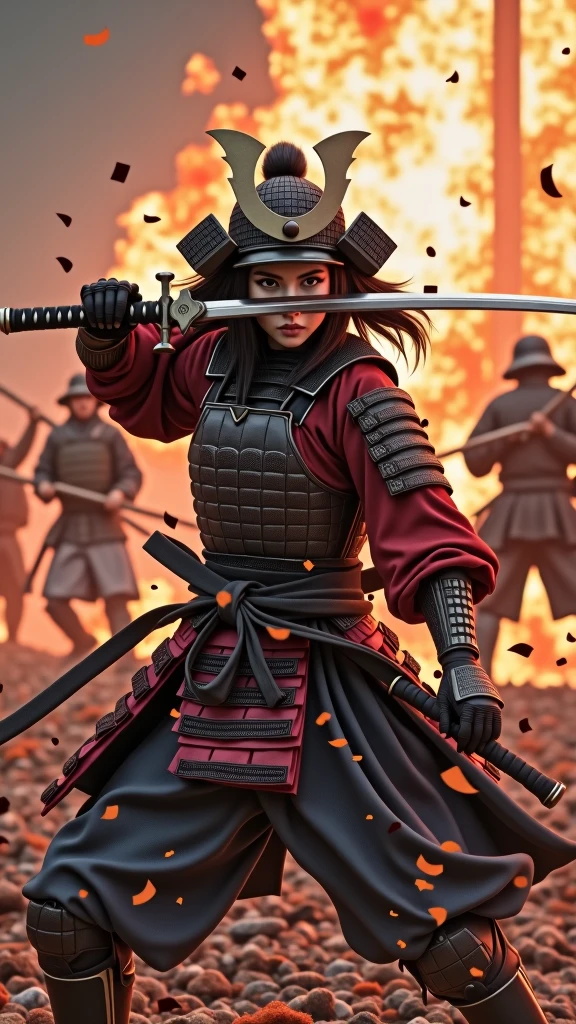 Japan Female Samurai、Female warriors of the Sengoku period、Wearing a helmet、Scene of fierce fighting、There are many people fighting around、Flames are rising all around、Sense of presence。Real、Genuine、25age、Black Hair