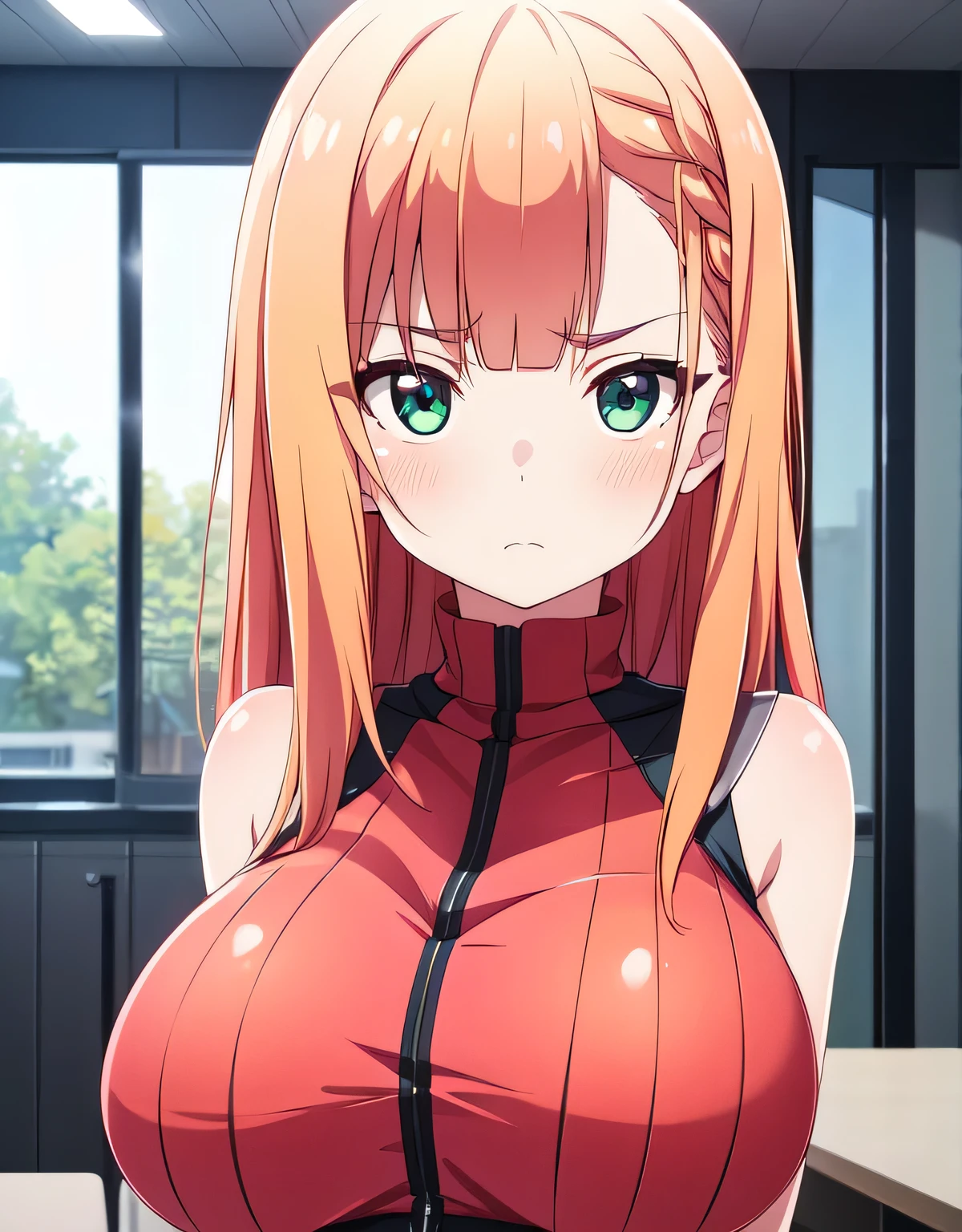 aika,bangs,(light green eyes),frown,white sleeveless clothes,skirt,indoor room,orange hair,blush,(large breasts:1.55),(shiny,hair),((solo)),((masterpiece)),((best quality)),perfect anatomy,slim waist,perfect image,8k UHD,(beautiful detailed eyes:1.5),extremely detailed face,standing,(upper body:1.25),(look at the front:1.5),arms behindback,ultra-detailed,absurdres,highres,