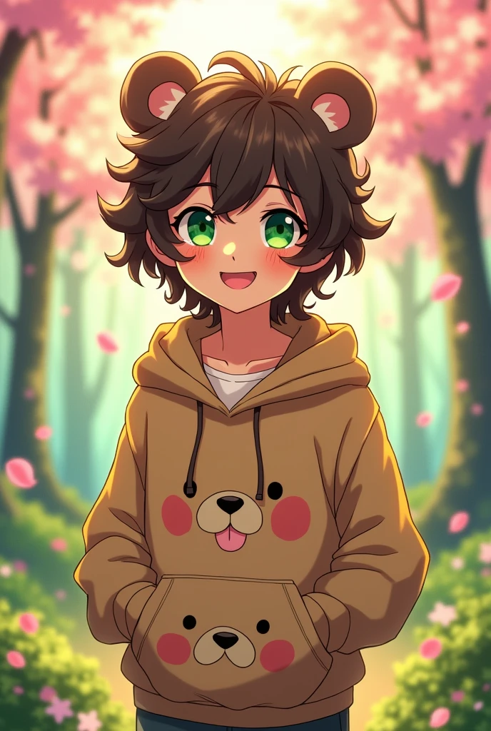 Create an anime drawing of a man with curly hair and bear ears 