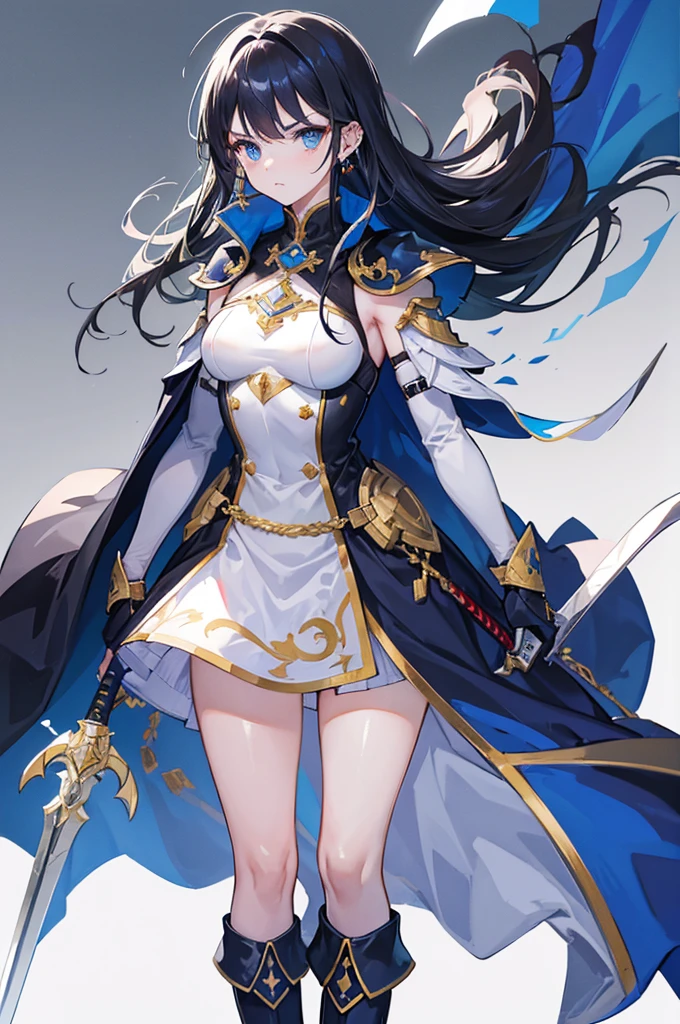 Woman, with piercing blue eyes full of determination, her mouth open as if shouting or giving a command. Shoulder-length black hair tied at the back with a yellow ribbon, with some strands framing her face. Holding a sword with her right hand, resting it on her shoulder; the sword has a blue hilt with golden details. Her left hand holds a small dagger, ready to strike.

Wearing battle attire in white and black, with light white armor over a form-fitting black tunic, adorned with a red gem on the chest. A long blue cape billows behind her, adding a heroic and dynamic touch. She wears high white boots with blue and gold accents, standing in a ready-to-move stance. Her posture shows she’s prepared for battle, embodying a brave and fierce warrior.