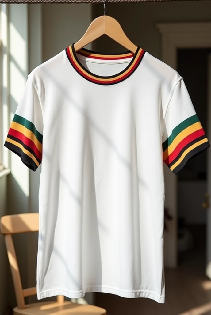 Plain white T-shirt having red, gold, black and green stripes as at end of collar and hands