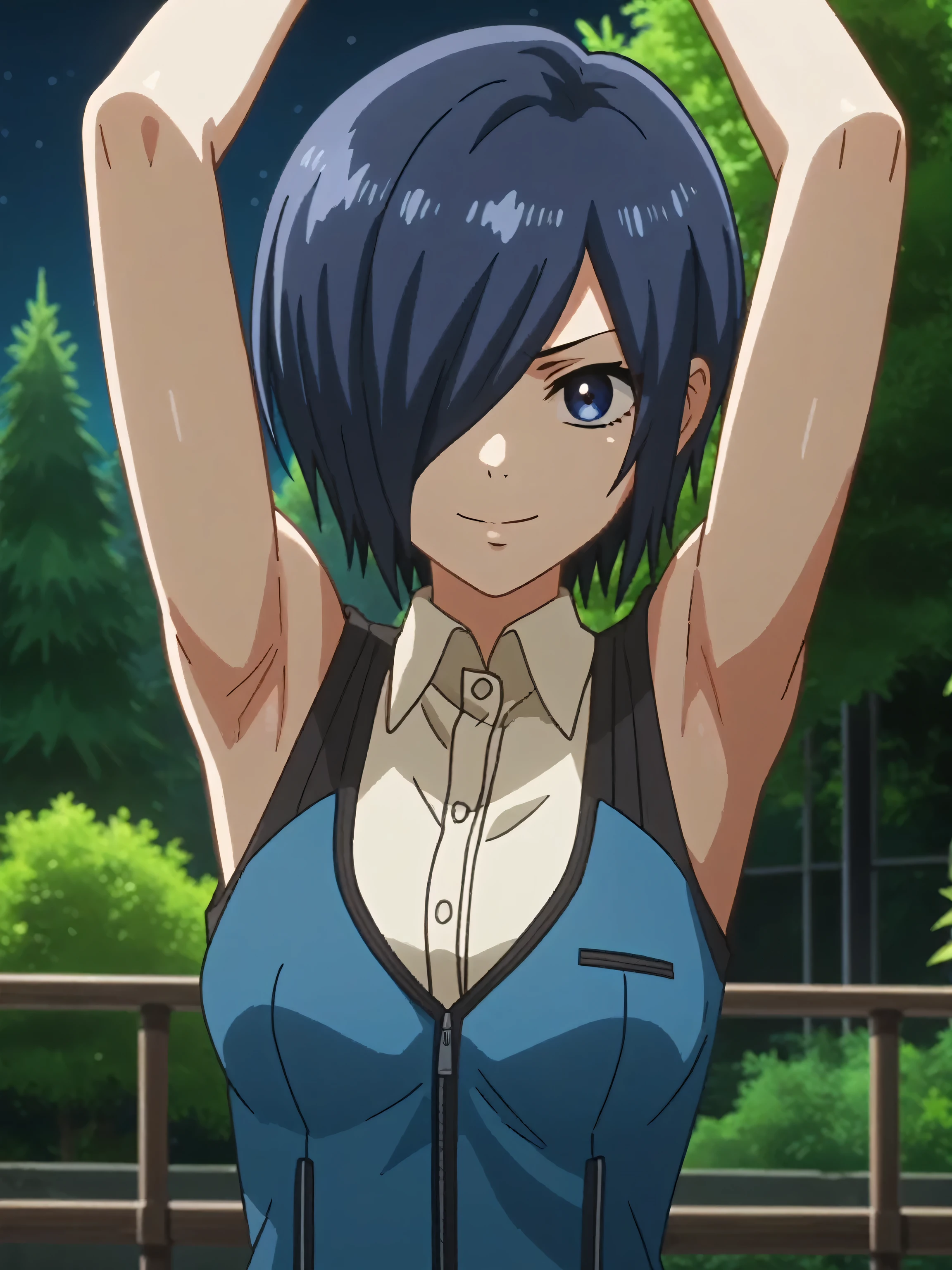 score_9, score_8_up, score_7_up, source_anime, anime screencap, outdoors, night, 1girl, solo, kirishima touka, blue hair, hair over one eye, blue eyes, medium breasts, blue jacket, sleeveless jacket, white shirt, sleeveless shirt, collared shirt, sleeveless, bare shoulders, bare arms, looking at viewer, eye contact with viewer, smile, closed mouth, arms up, raised arms, armpits, 