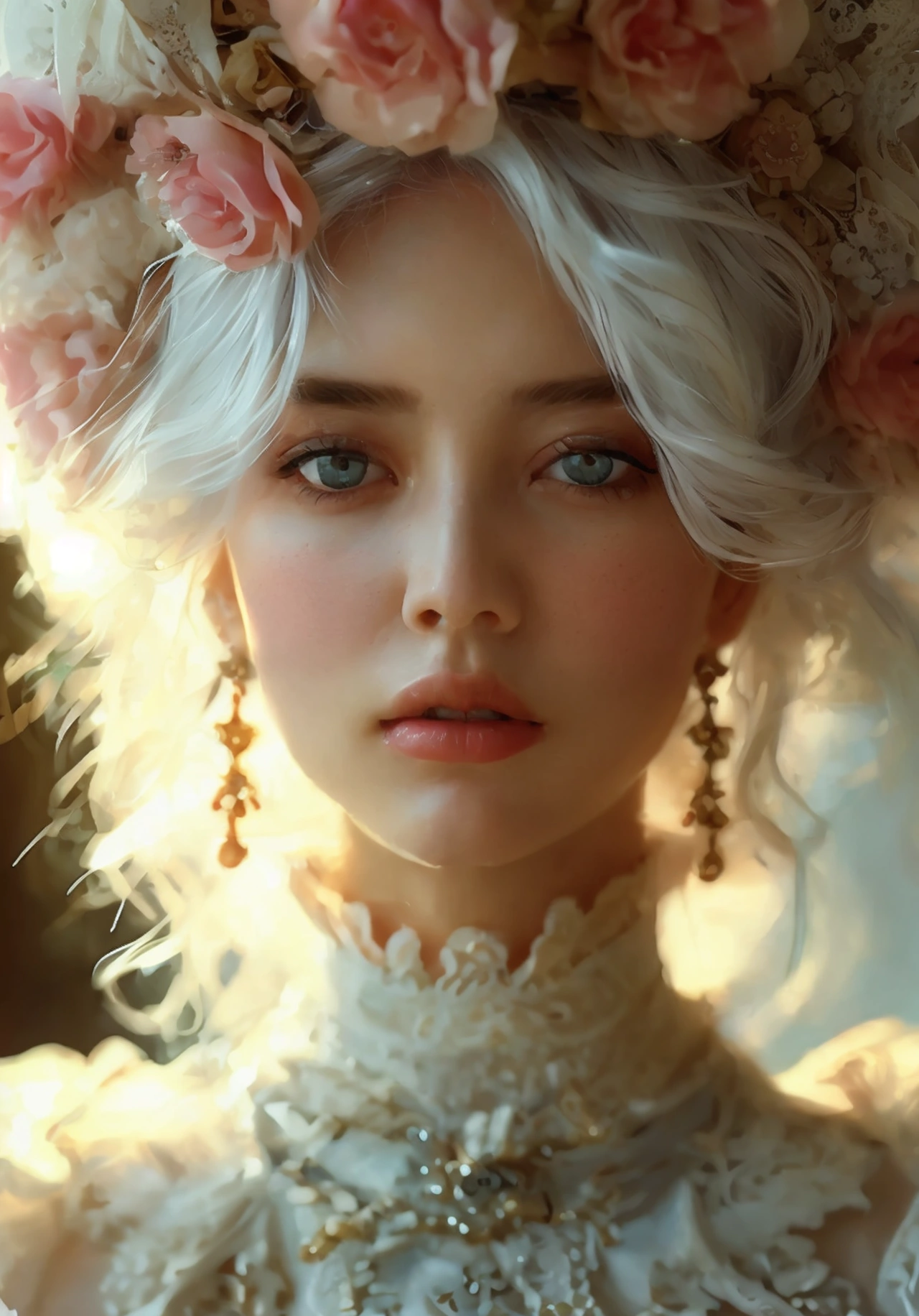 a woman with pastel white hair, sleepy eyes, elegant clothing, 1girl, photorealistic, cinematic lighting, detailed face, detailed eyes,detailed lips,detailed hair, intricate dress design, ornate accessories, soft colors, warm lighting, dreamlike atmosphere, serene expression, high quality, masterpiece