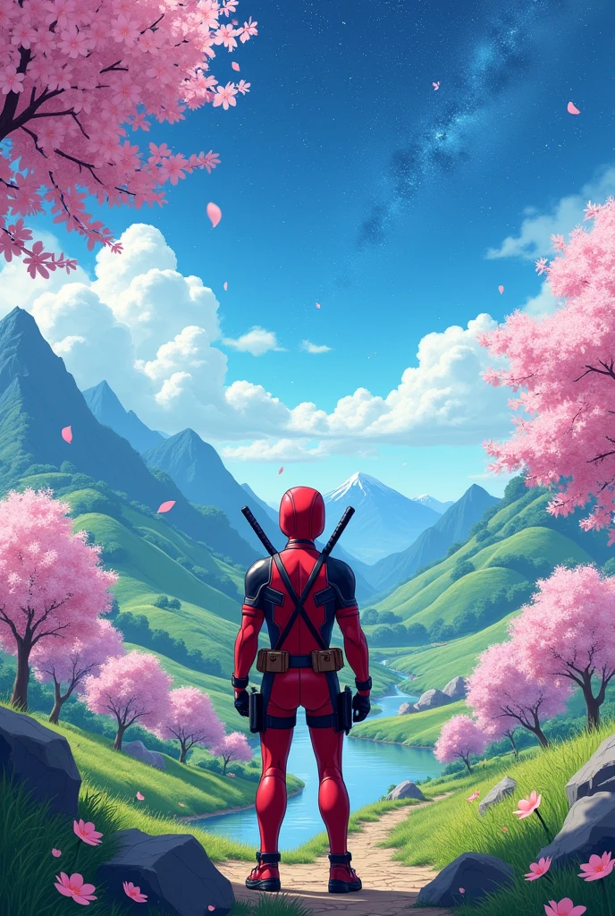 imagine prompt: Viral anime lust villain wallpaper in 4K quality, in the style of illustration Deadpool , featuring a picturesque valley with rolling hills, blossoming cherry trees, and a clear river flowing through; soft and pastel color temperature, cosmos lighting with stars twinkling in the sky, no human characters, the atmosphere is calm and idyllic --v 5 --stylize 1000