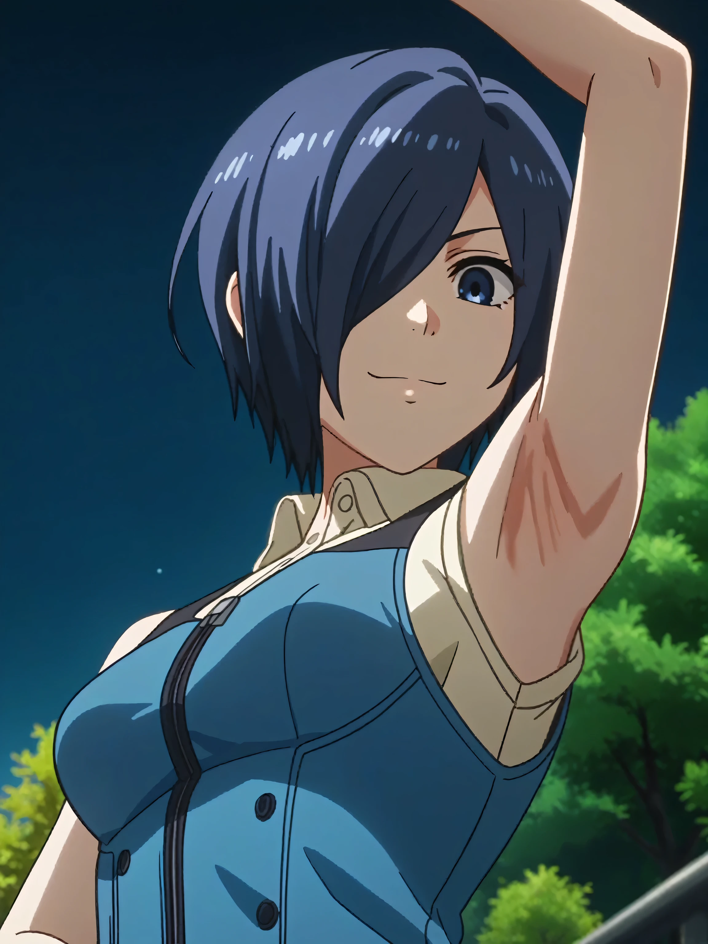 score_9, score_8_up, score_7_up, source_anime, anime screencap, outdoors, night, 1girl, solo, kirishima touka, blue hair, hair over one eye, blue eyes, medium breasts, blue jacket, sleeveless jacket, white shirt, sleeveless shirt, collared shirt, sleeveless, bare shoulders, bare arms, looking down at viewer, eye contact with viewer, smile, closed mouth, arm up, raised arm, armpit, from side, from below, pinning down viewer 