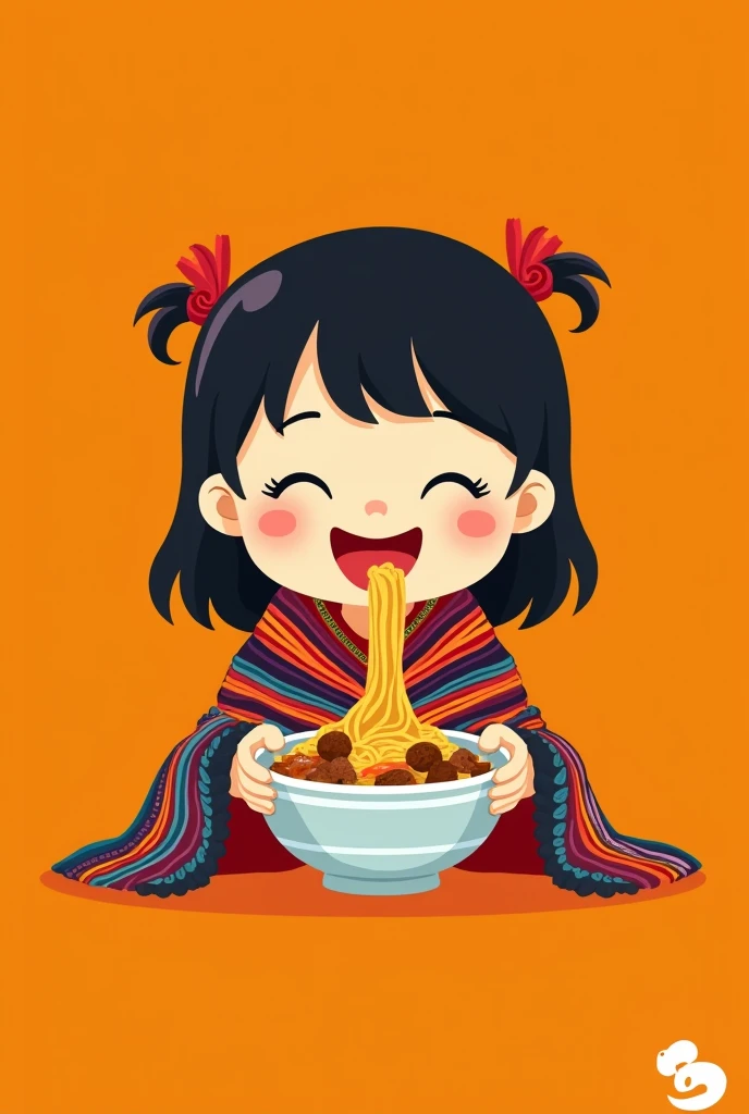 minimalist logo, as a little Japanese girl, wearing a Mexican serape, closed eyes, very happy, Eating noodles with bits of meat, on an orange background.