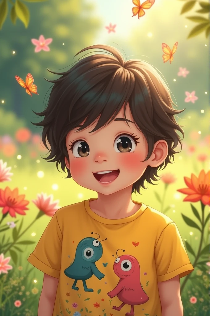 A charming little boy carrying a backpack with his cute puppy enjoys a cute spring swim surrounded by beautiful yellow flowers and nature. The illustration is a high-definition illustration in 4K resolution with highly detailed facial features and cartoon-style visuals, (Butterfly Dance)