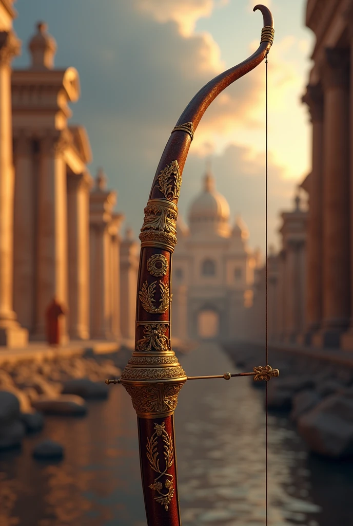 Draw a magical weapon which is a Roman Bow, with details in golden Roman symbols. In the blurred background a Roman kingdom. 8k, epic