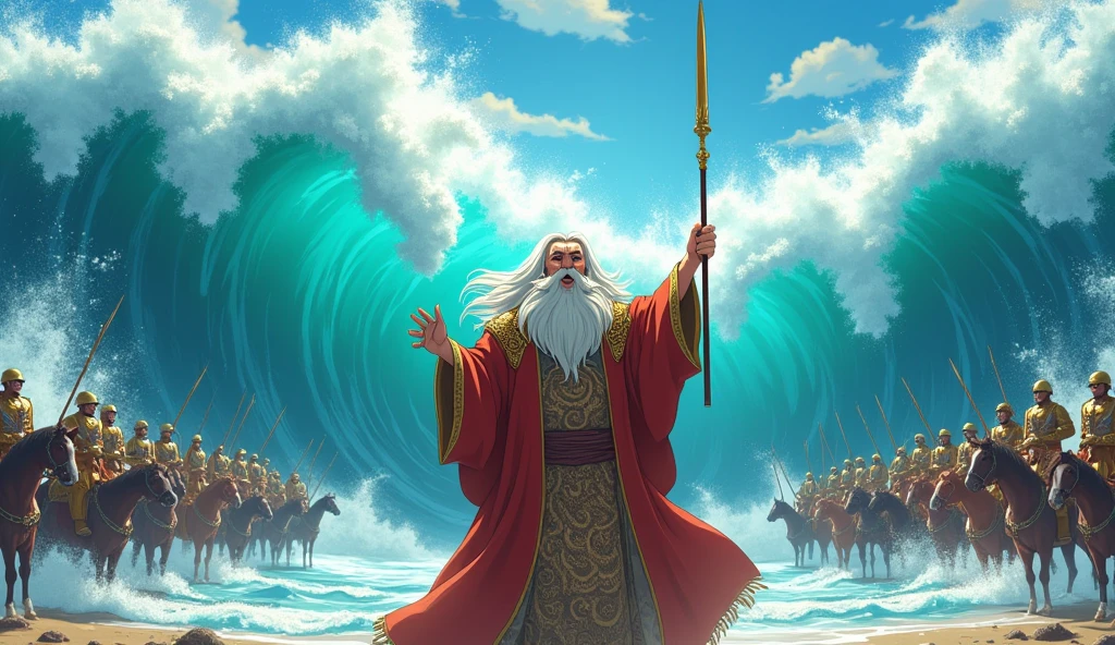 Anime A man with a long beard and slightly long hair, wearing a quilt and old Islamic clothes, splits the sea with his stick, and each split appears very high. Behind him are soldiers on horses and the parade is filmed.