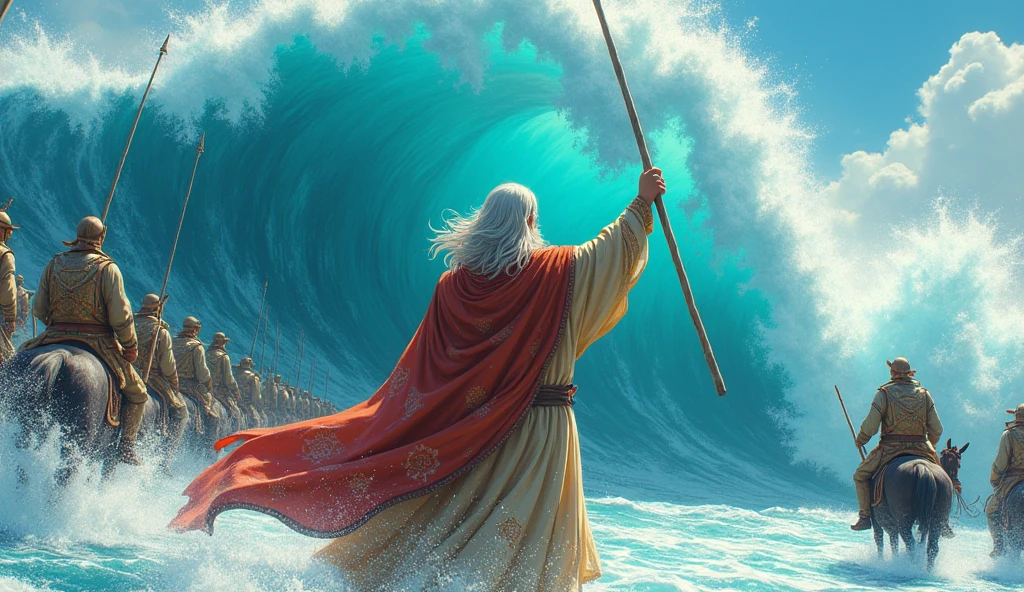  Anime   A man with a long beard and slightly long hair, wearing a quilt and old Islamic clothes, splits the sea with his stick, and each split appears very high. Behind him are soldiers on horses and the parade is filmed.