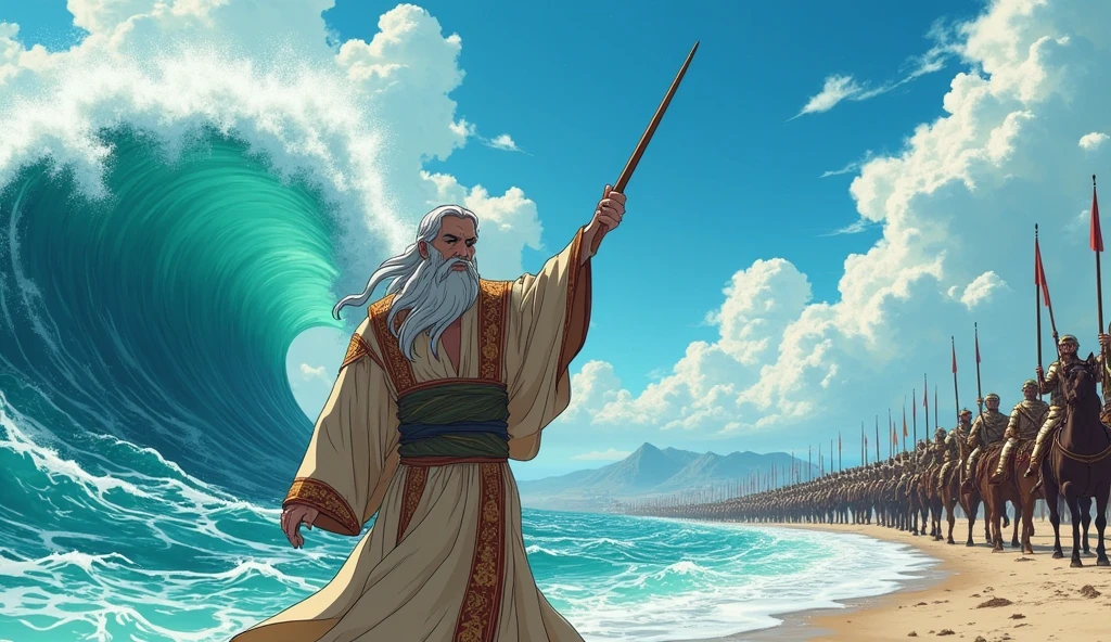  Anime   A man with a long beard and slightly long hair, wearing a quilt and old Islamic clothes, splits the sea with his stick, and each split appears very high. Behind him are soldiers on horses and the parade is filmed.