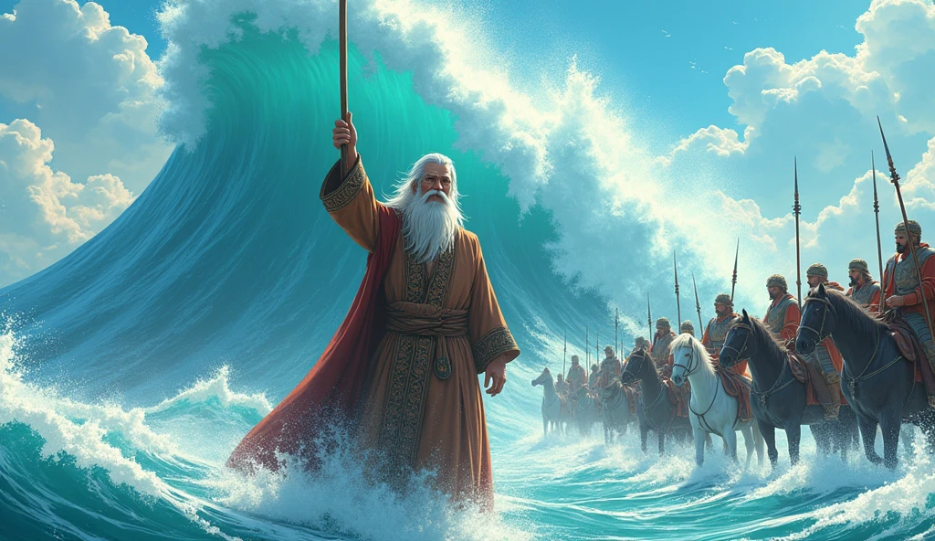 Anime A man with a long beard and slightly long hair, wearing a quilt and old Islamic clothes, splits the sea with his stick, and each split appears very high. Behind him are soldiers on horses and the parade is filmed.