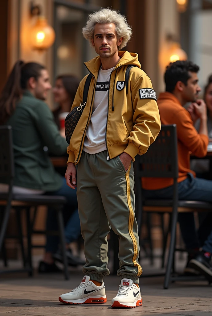 amadeus mozart in a friend group with a outfit like a boy in ,,talahon“ style (emporio armani jacket, nike jogger, nike tn shoes, gucci cap, louis vuitton bag)