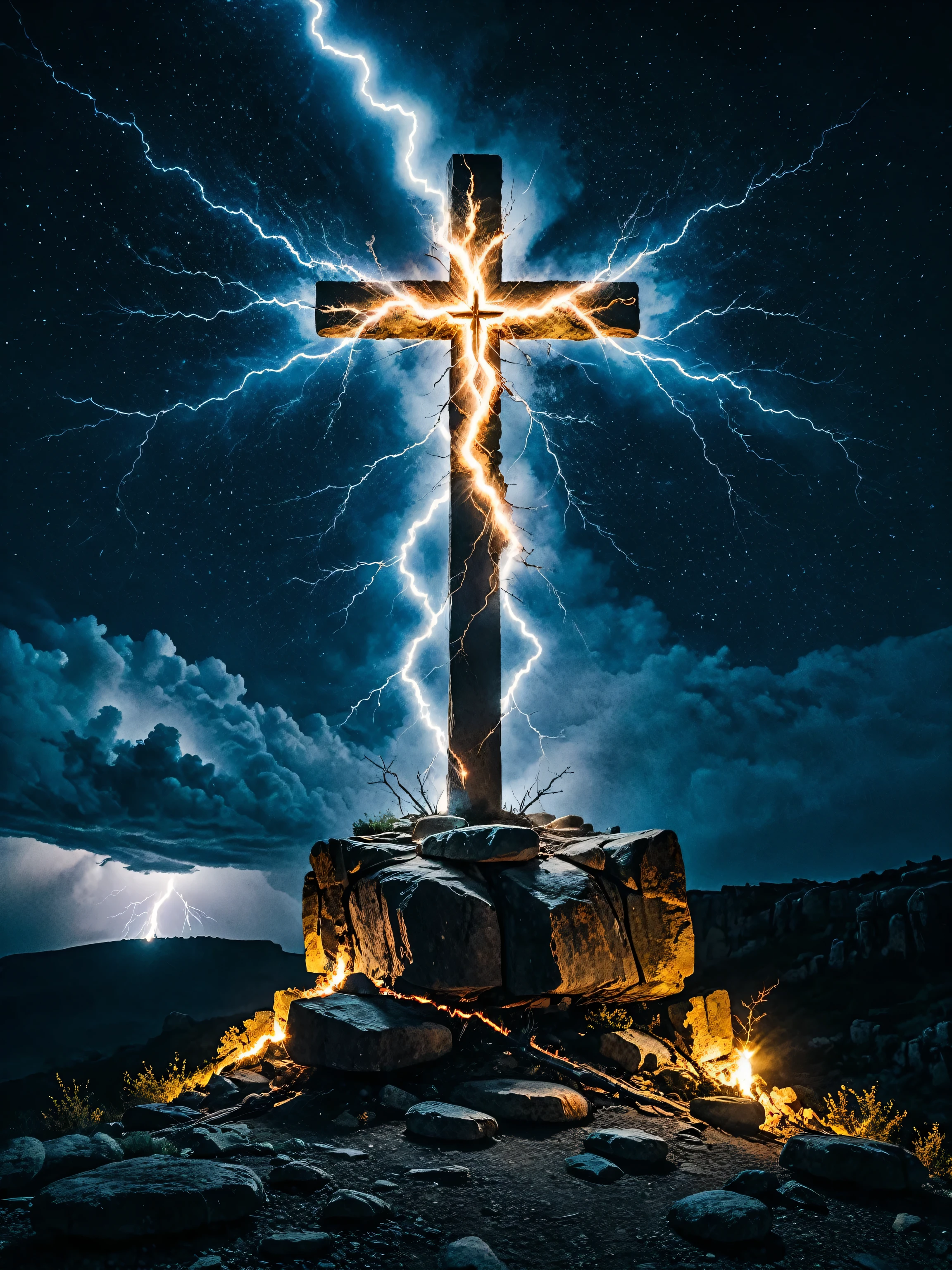 Long exposure photo of lightning striking a cross on a rocky crag,nighttime,stone cross on fire,Hyperrealistic art cinematic film still photography in the style of detailed hyperrealism photoshoot . Blurred motion, streaks of light, surreal, dreamy, ghosting effect, highly detailed