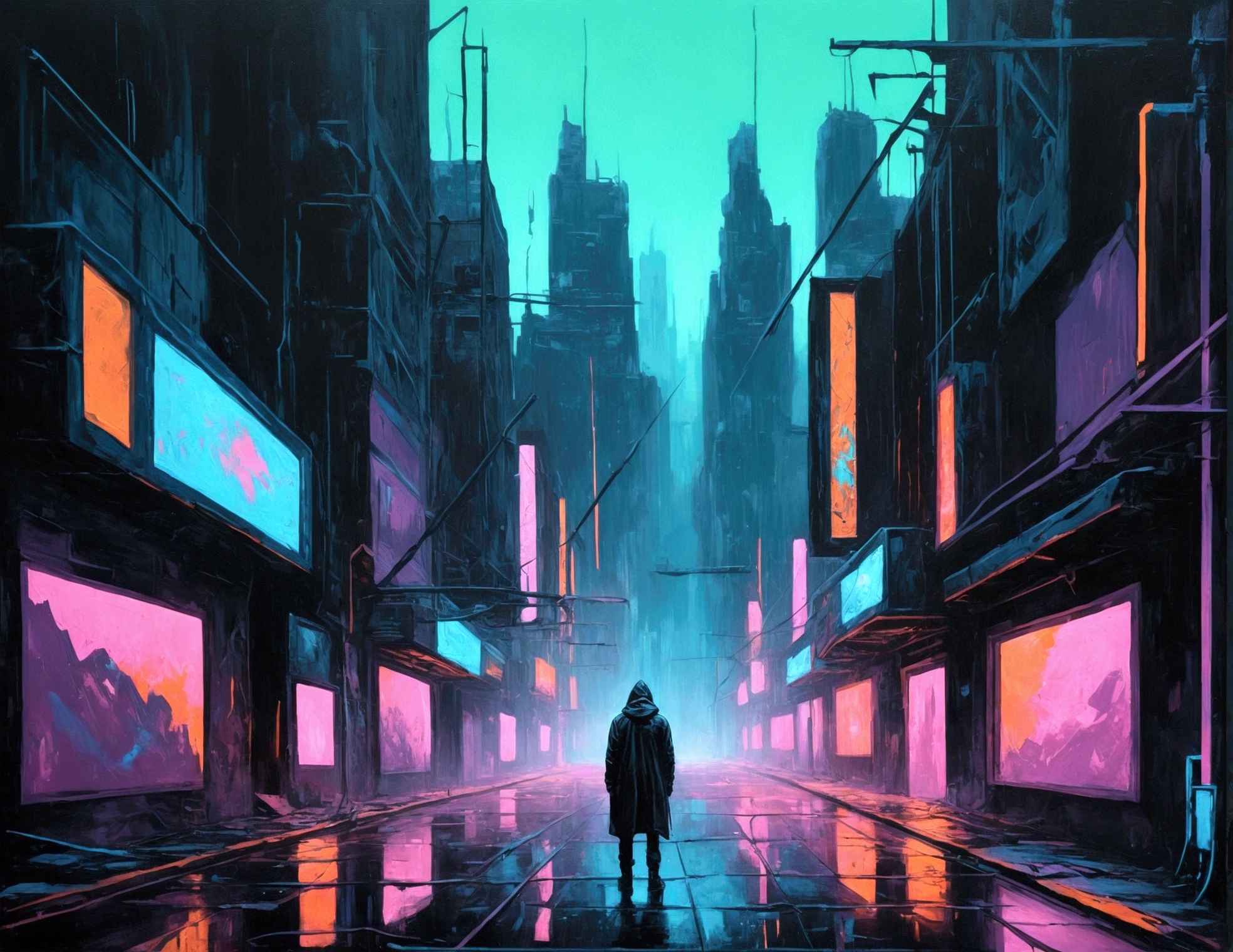 a dark abstract neon painting, solitude, despair, moody atmosphere, dramatic lighting, surreal, hyper-detailed, cinematic, gritty, dystopian, high contrast, vivid colors, rich textures, deep shadows, glowing neon, bleak, emotional, haunting, unsettling, masterpiece, (best quality,4k,8k,highres,masterpiece:1.2),ultra-detailed,(realistic,photorealistic,photo-realistic:1.37)