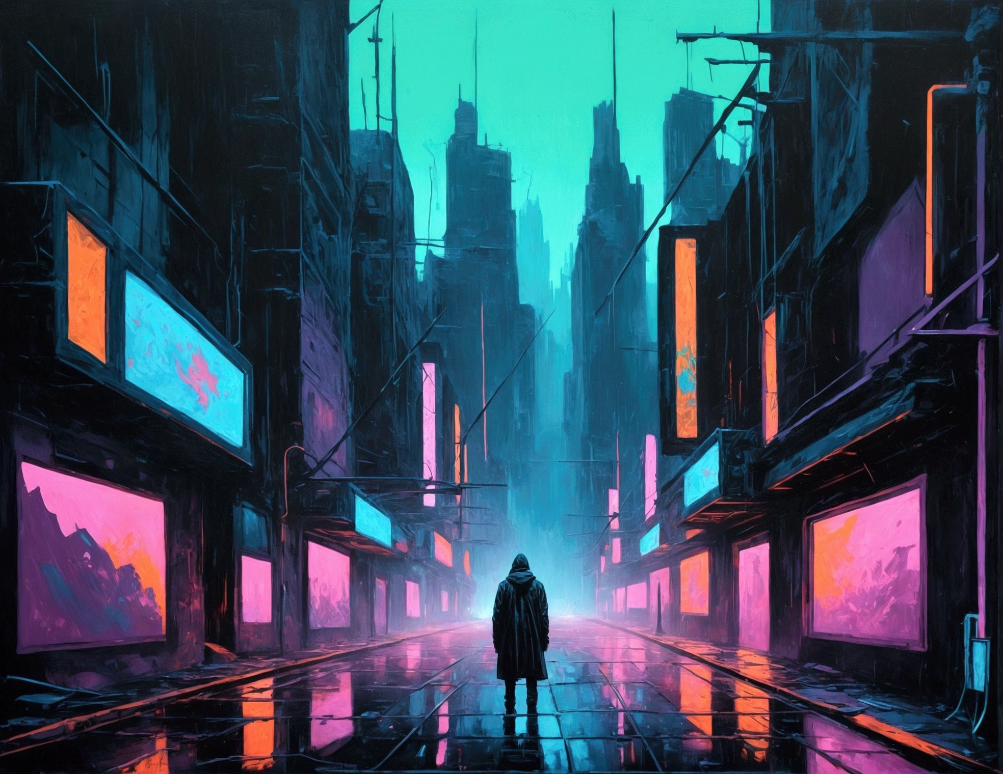 a dark abstract neon painting, solitude, despair, moody atmosphere, dramatic lighting, surreal, hyper-detailed, cinematic, gritty, dystopian, high contrast, vivid colors, rich textures, deep shadows, glowing neon, bleak, emotional, haunting, unsettling, masterpiece, (best quality,4k,8k,highres,masterpiece:1.2),ultra-detailed,(realistic,photorealistic,photo-realistic:1.37)