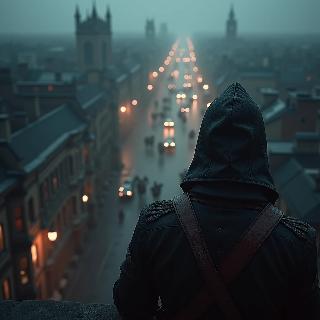 (((top down point of view))) hooded mercenary watches from the rooftops the citizen passing by. Set in Victorian London. Masterpiece, ultra detailed, red flares, 35mm cannon camera, intricate hyper realistic. fogs. night time. assassins creed. victorian atire. horses in the background.