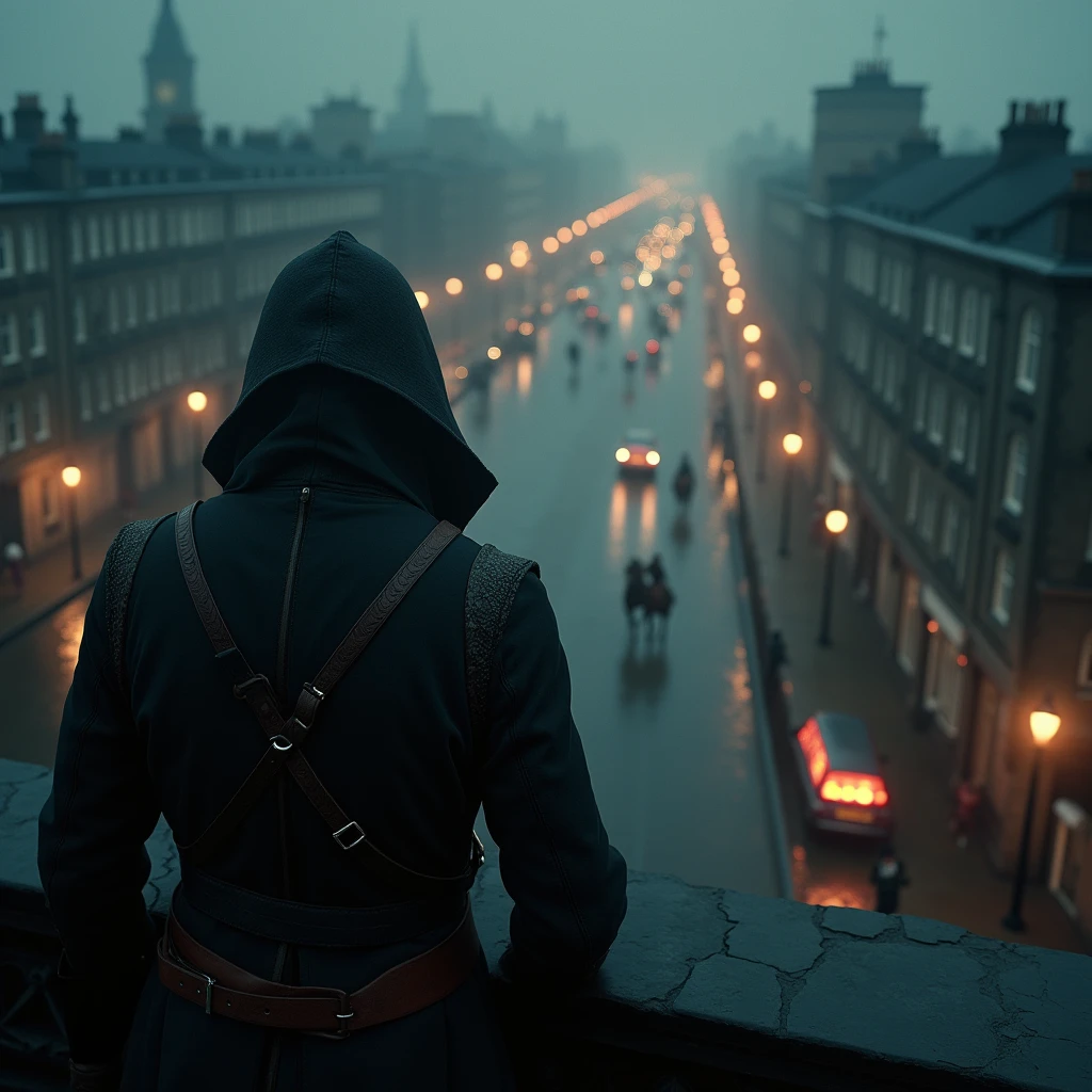 (((top down point of view))) hooded mercenary watches from the rooftops the citizen passing by. Set in Victorian London. Masterpiece, ultra detailed, red flares, 35mm cannon camera, intricate hyper realistic. fogs. night time. assassins creed. victorian atire. horses in the background.