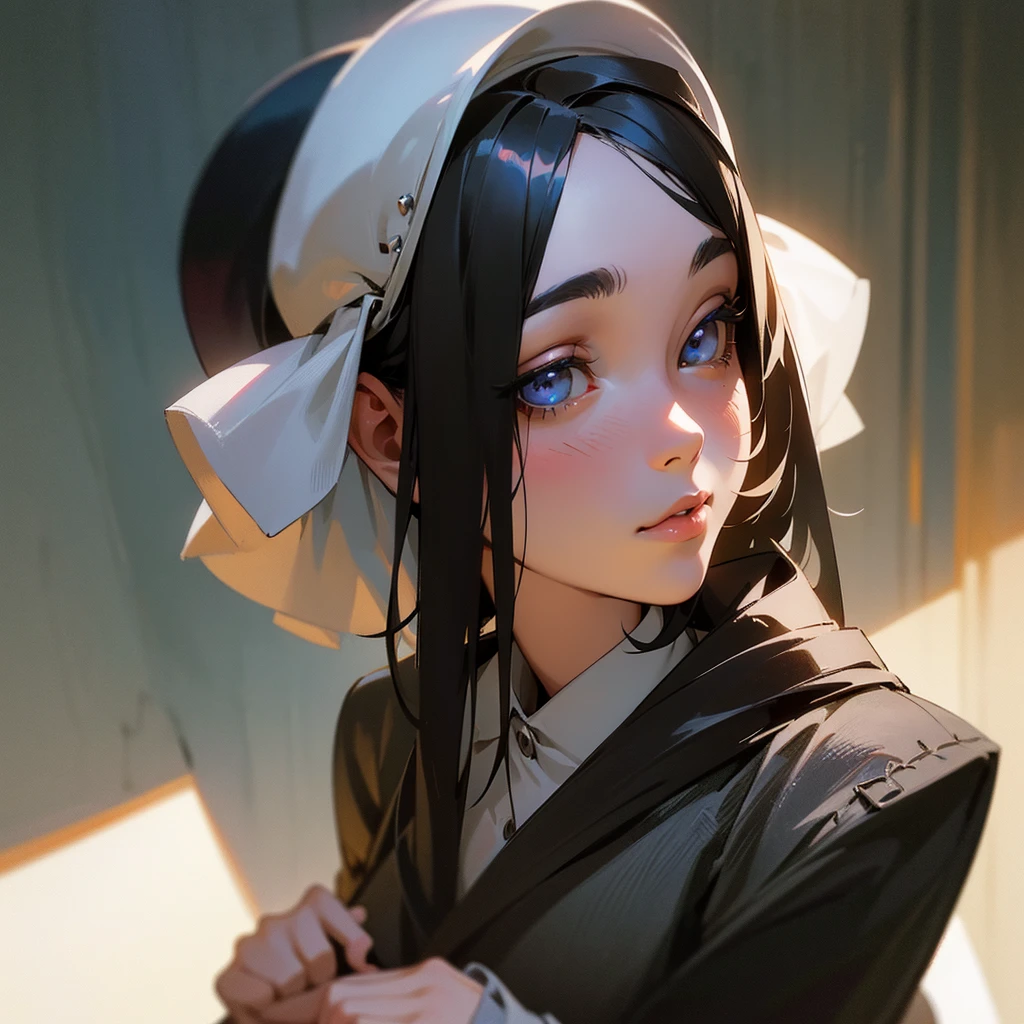 A thirteen-year-old girl with long black hair, a thirteen-year-old girl with short black hair, 2 girls sitting side by side, black clothes, hat with names on it, Afia and Samia, detailed facial features, beautiful detailed eyes, beautiful detailed lips, extremely detailed eyes and face, longeyelashes, highres, masterpiece, ultra-detailed, realistic, photorealistic, photo-realistic, HDR, UHD, studio lighting, ultra-fine painting, sharp focus, physically-based rendering, vivid colors, portraits, cinematic lighting