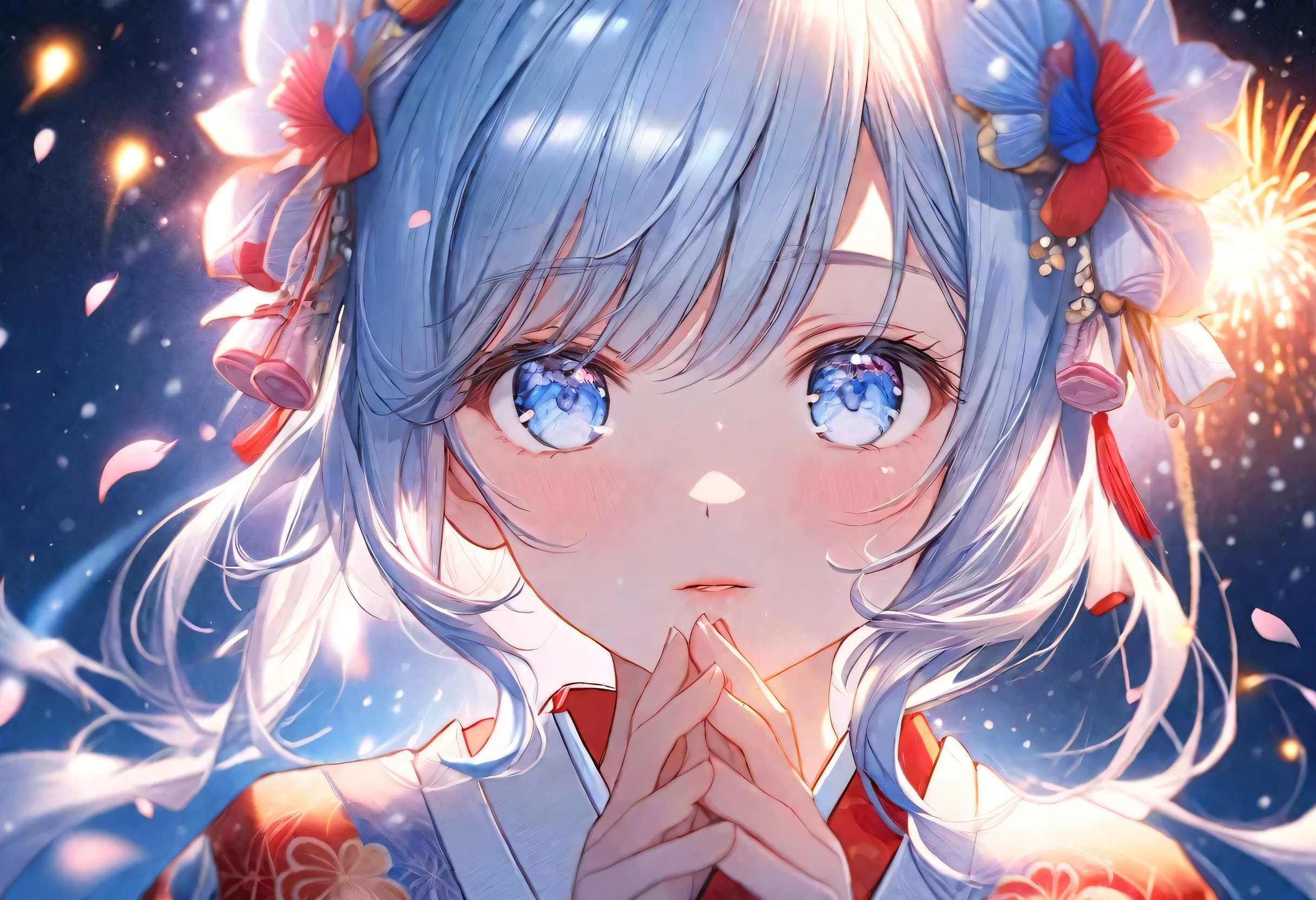｛Lowest Quality, Low Quality}, ((Girl)), Solo, (Close-up: 1.3), (Face Focus: 1.4), ((Half-up, Light blue Hair)), Clear Eyes and Plump Lips, Beautiful Light blue Eyes: 1.2), Speaking Heart, Praying Hands, (Perfect Hands: 1.3), (Traditional Japanese Costume: 1.2), (She is wearing a kimono with a firework pattern, Delicate and Fine Embroidery: 1.3), Embarrassed, Standing Bow, Looking at the Viewer, Tilts Head, (Snowstorm, Scattered Petals: 1.5), (Light Particles, Light Sparkles: 1.4), firework Effect, ((firework　Background:1.5)), firework flowers on the left and right, firework photo frame, High-Angle Shot, Must-Have, Best Quality, Super Detailed,
