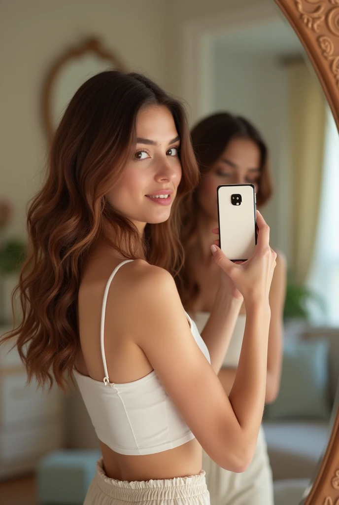 Jeune femme, bien formée, 30 ans, visage naturel, cheveux chatain, corpulence normale, qui prend son corps en photo avec sont iPhone dans le miroir, décolleté, belles formes, sexy