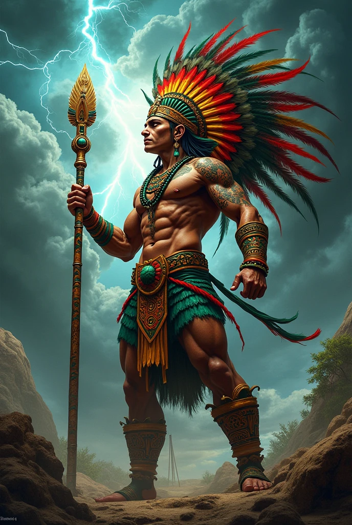 God Chaac very masculine Aztec body with an impressive feather headdress , thunder and piercing gaze 