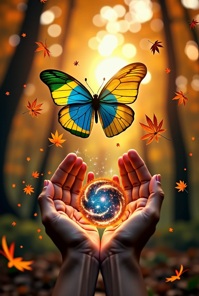 (fotorrealismo:1.2),butterfly flying with the colors of the Brazilian flag, paws holding the universe, ((Maple Leaf)), ((forest)), ((trees)), ((WIDE VIEW)), sunset, (best quality, high resolution, masterpiece: 1.2), ultra-detailed, (realistic), (Fotos RAW:1.2), (photorealistic), photo-realistic: 1.37), HDR, UHD, Studio Lighting, Ultra-Fine Painting, Sharp Focus, Physically Based Rendering, Extreme Detail Depiction, Professional, Vivid Color, Portraits, Photography, Masterpiece, High Resolution Scan, (Photography: Canon 5D, 50 Zeiss Lens mm), ultra HD, HDR, grade, (professional color grading), sharp focus, natural lighting, ((intricate detail)), (reality: 1.4), (very detailed), light, super detail, 8k, best quality, 8k, best quality, Awards, high resolution, Textured Skin, Anatomically correct, ultra HD, accurate