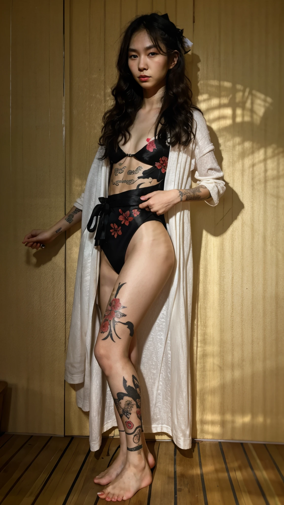 20 year old japanese woman and beautiful and masterpiece and best quality and TATTOO and IREZUMI and film grain, full body, (GiU)