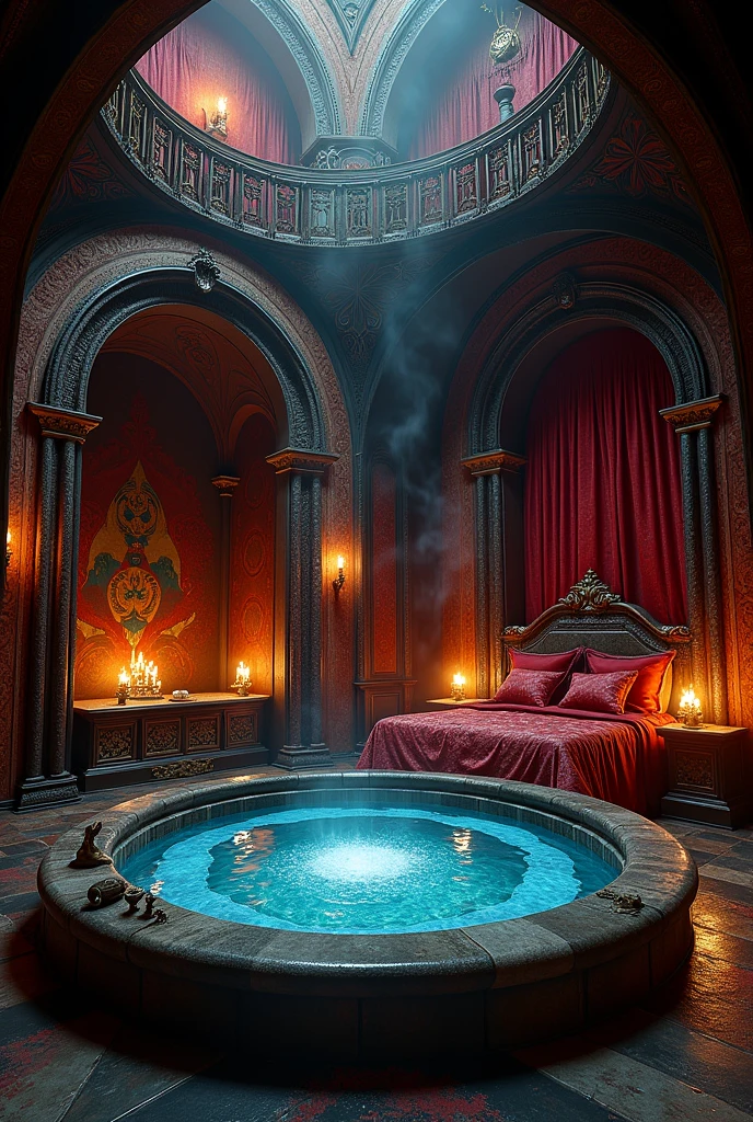 Large Elaborate Demonic castle pleasure room that serves as magical prison, bedroom, with a large bath in the middle, as well as a plush bed off to the side
