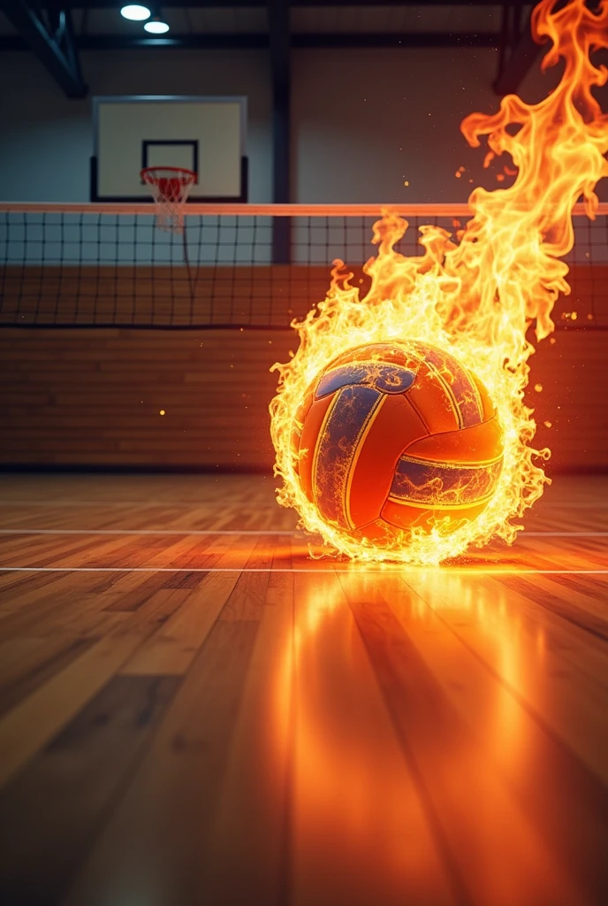volleyball poster, no people, one medium volleyball on top right with flames on it, , gym setting, clear space in the center,