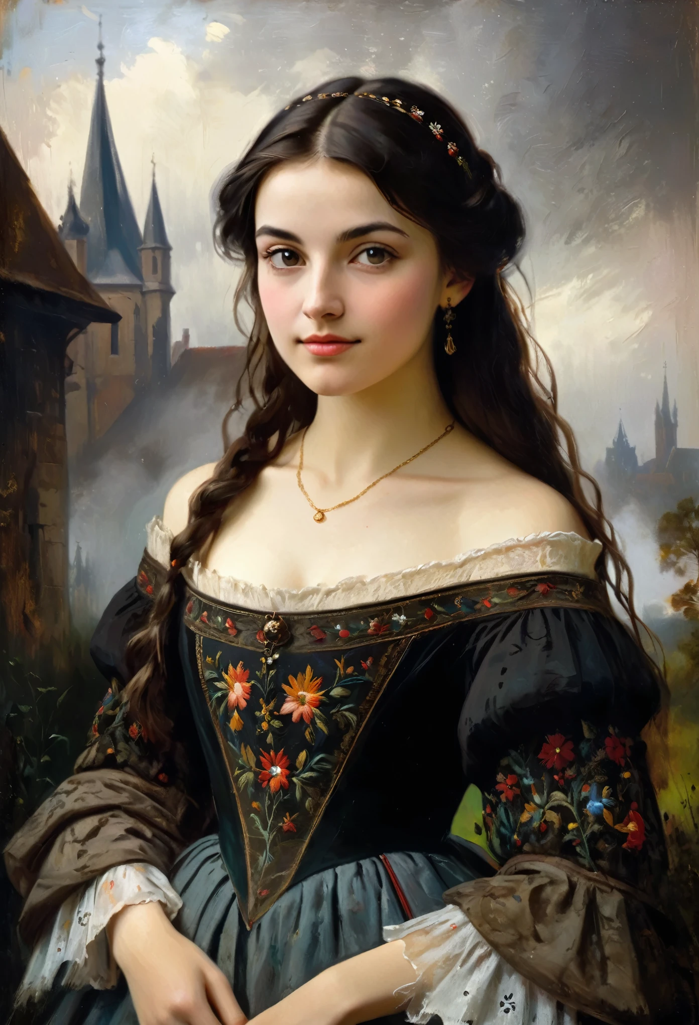 very charming young brunette, a slight mysterious smile from the shoulder, a dress with embroidered patterns, 15 century,(Adolf Piot style)), The dark Renaissance, (fog, very scuffing), ((palette/oil painting palette knife)), ((masterpiece)), single shot, impression:1.2, extreme detail, perspective:1.33, 8k