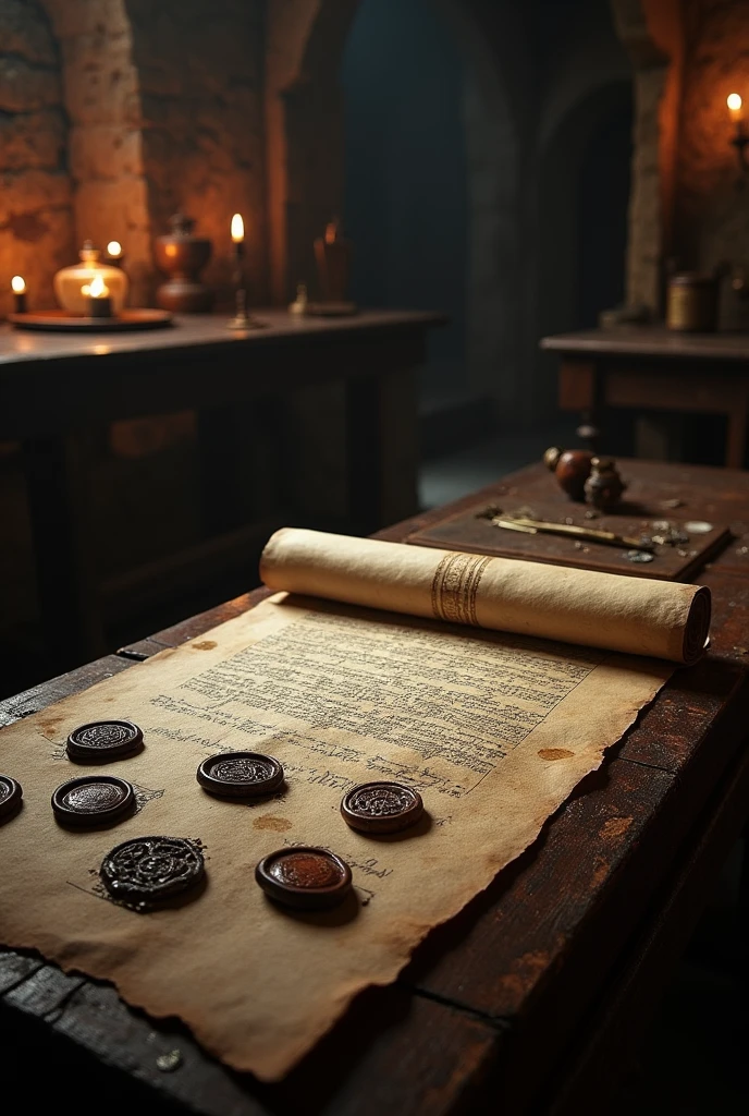 An ancient, closed scroll. It has 7 seals. 6 are broken and the last one is intact, unbroken.