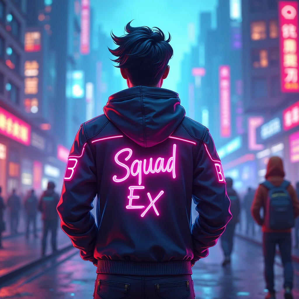Create an image of a gamer guy with the following details:
The name "ᏋᏃ3Ꮶi3l" should be on the back of the character.
The squad name "Gx" should be placed below the name.
The overall design should be cool and unique.
Both my name and squad name should be visible .....there is no G its E in my name