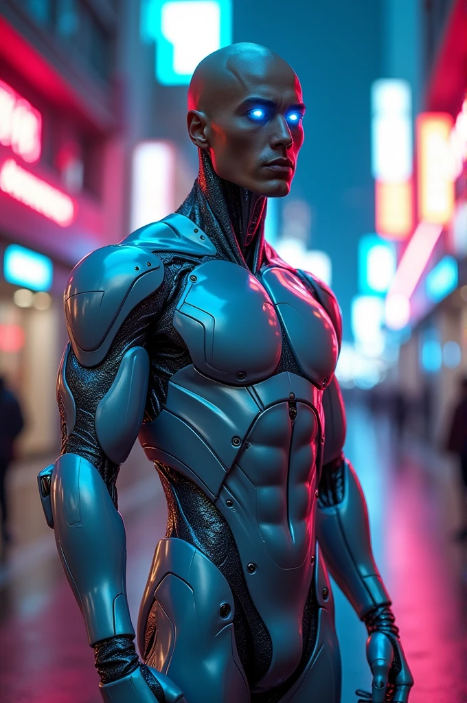 A photorealistica male robot android with a chris evans lookalike face. Glossy skin. Pronounced jawline. Glowing blue eyes. Musculous body wearing a skinthight silver lycra