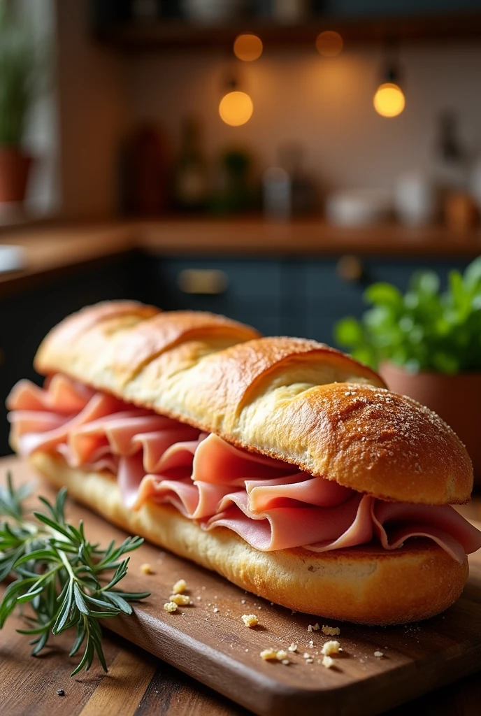 generate an image of a French bread with ham with a blurred kitchen in the background