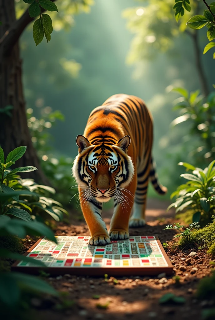 big sumatra's tiger in the middle of the picture in the forest, walking towards mahjong board