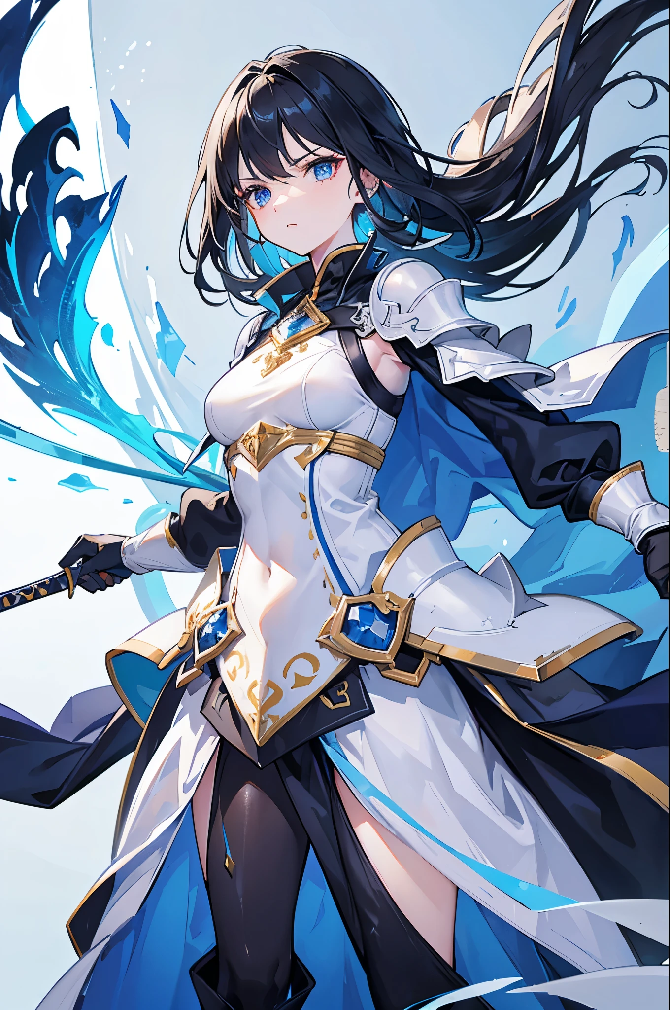 Woman, with piercing blue eyes full of determination, her mouth open as if shouting or giving a command. Shoulder-length black hair tied at the back with a yellow ribbon, with some strands framing her face. Holding a sword with her right hand, resting it on her shoulder; the sword has a blue hilt with golden details. Her left hand holds a small dagger, ready to strike.
Wearing battle attire in white and black, with light white armor over a form-fitting black tunic, adorned with a red gem on the chest. A long blue cape billows behind her, adding a heroic and dynamic touch. She wears high white boots with blue and gold accents, standing in a ready-to-move stance. Her posture shows she’s prepared for battle, embodying a brave and fierce warrior.