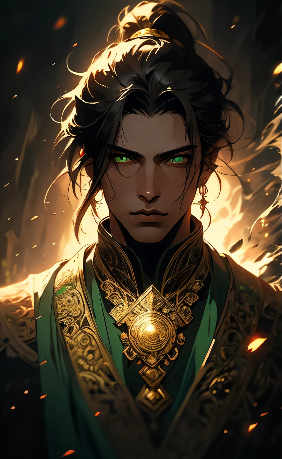 a man with olive skin, green eyes, long dark hair in ponytail, wearing green indian-style clothing with gold accents, water mage, portrait, intricate details, cinematic lighting, dramatic pose, mystical atmosphere, high quality, 8k, masterpiece, fantasy art