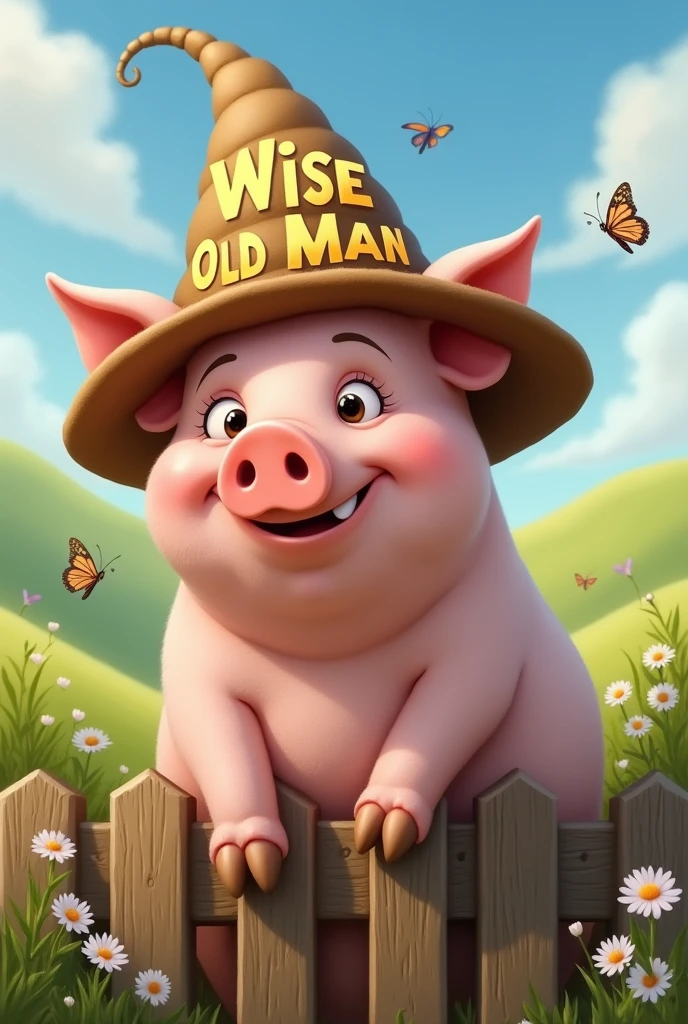A pig in a cap, and on the cap it says 'Wise Old Man'