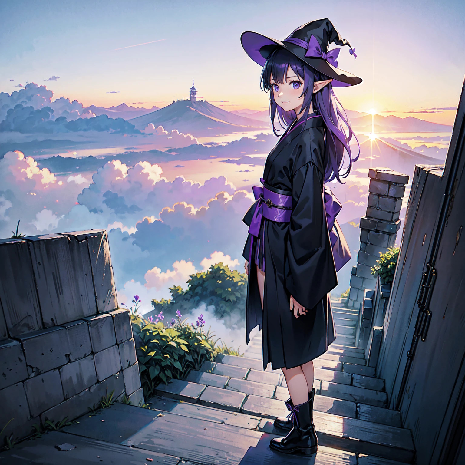 A girl with long violet-purple hair. A kind, full smile. Pointy elf ears. Her clothes are simple: a black robe with wide sleeves and a black miniskirt. Her knees are showing. There is a V-shaped white insert in the front, like a kimono. A witch's hat with purple ribbons on each side. Black boots. Background, bright painting, Makoto Shinkai, only endless stairs, long floating stairs, floating stairs in the air, stairs above clouds, illustration, nostalgic, vivid, above clouds, bright, fresh, sunset. A maze of connected stairs. A labyrinth of stairs. Untouched by land.