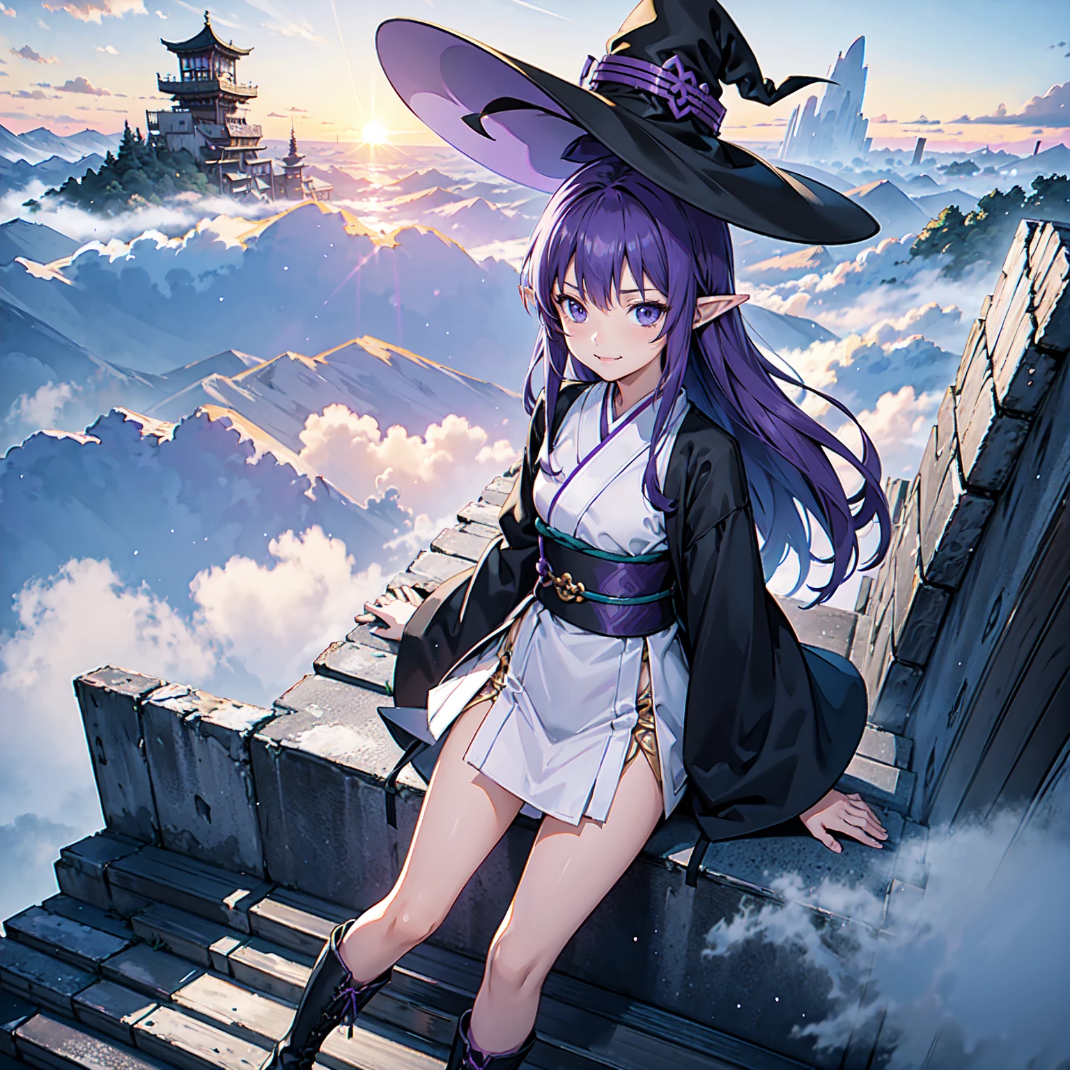 A girl with long violet-purple hair. A kind, full smile. Pointy elf ears. Her clothes are simple: a black robe with wide sleeves and a black miniskirt. Her knees are showing. There is a V-shaped white insert in the front, like a kimono. A witch's hat with purple ribbons on each side. Black boots. Background, bright painting, Makoto Shinkai, only endless stairs, long floating stairs, floating stairs in the air, stairs above clouds, illustration, nostalgic, vivid, above clouds, bright, fresh, sunset. A maze of connected stairs. A labyrinth of stairs. Untouched by land.